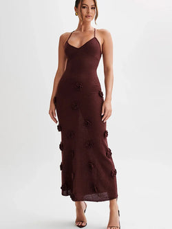 Elegant 3D Flower Knitted Long Dress Women Deep V-neck Spaghetti Strap Backless Sleeveless Beach Dresses 2025 Summer Lady Robes