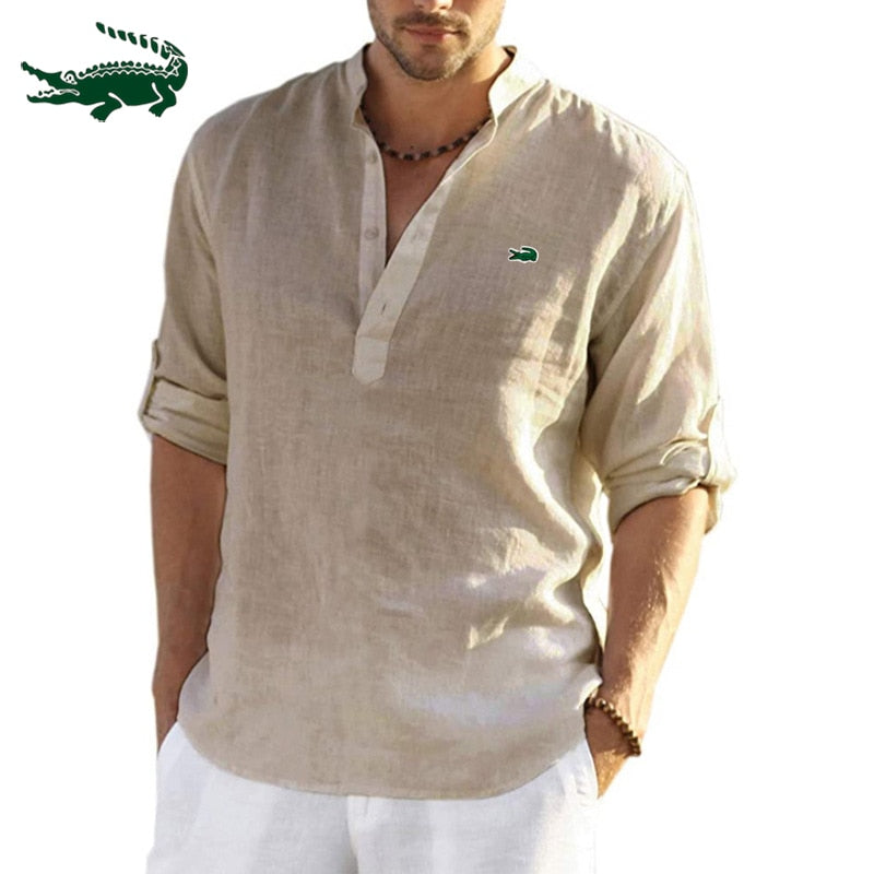 High quality Men's spring/summer new long sleeved cotton linen shirt.