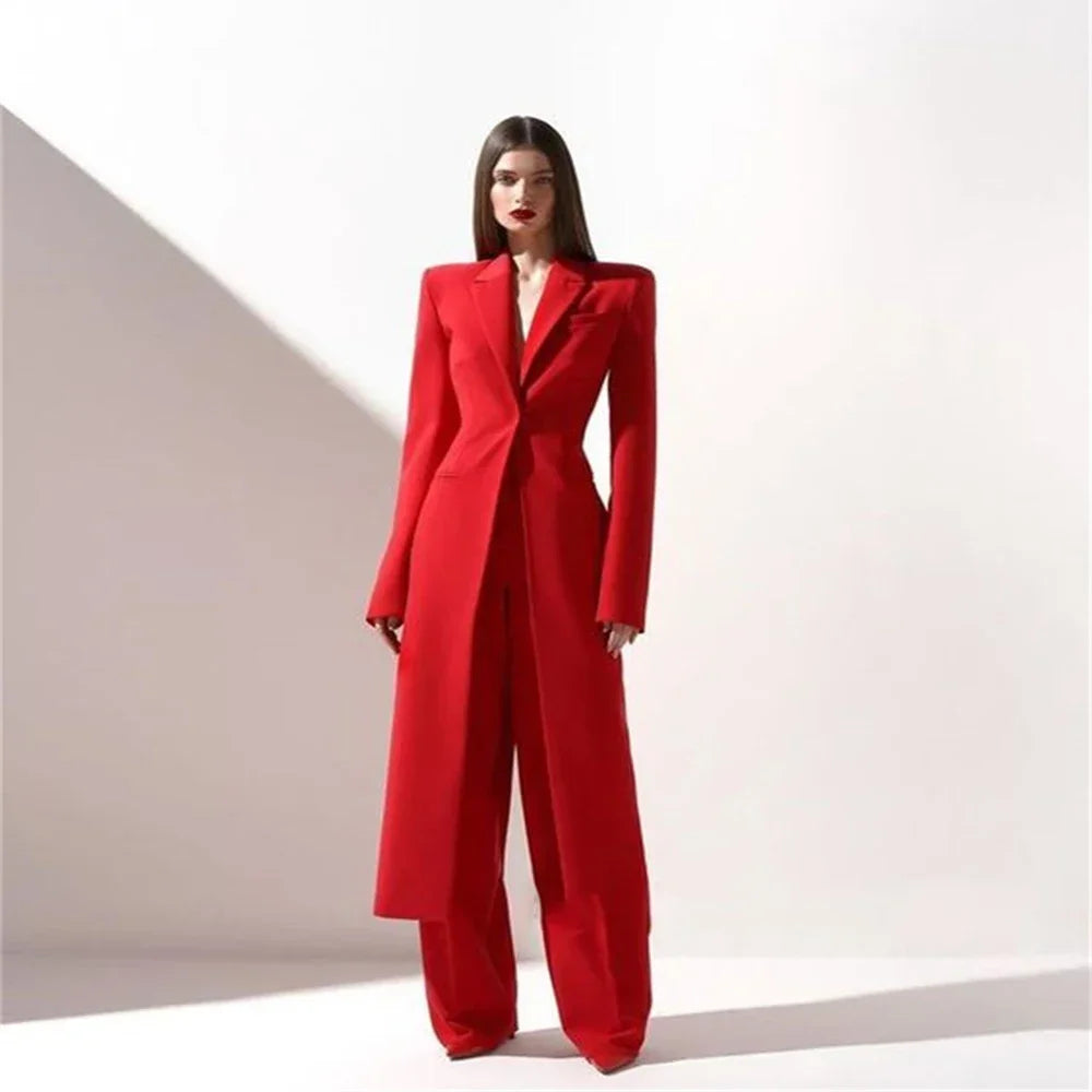 New Arrival Women Pants Sets Fashion Peak Lapel One Button Long Coat Office Lady Formal 2 Piece Solid Color Custom Suit Slim Fit