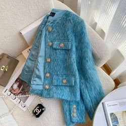 Blue Temperament High Grade Fragrance Coat Women Korean Celebrity Thicken Warm Round Neck Fashion Autumn Winter Jacket Outfits