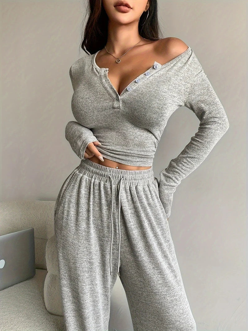 Trendy Solid Lounge Set Long-Sleeve Buttons Decor Top And Long Pants Cozy Fit Women's Homewear Casual Wear Can Be Worn Outdoor