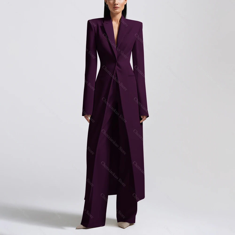 New Arrival Women Pants Sets Fashion Peak Lapel One Button Long Coat Office Lady Formal 2 Piece Solid Color Custom Suit Slim Fit