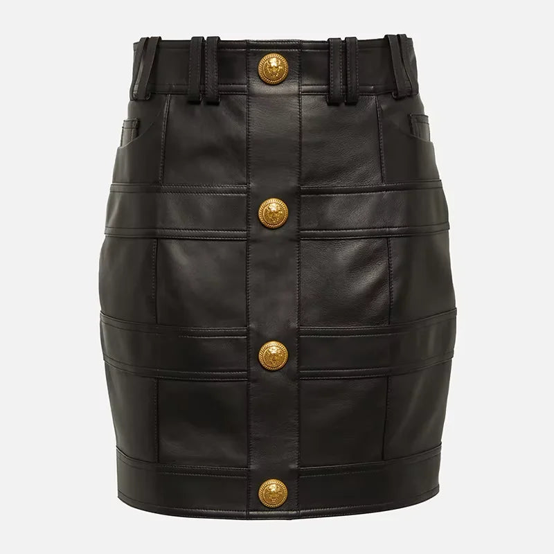 Gold Chain Edge Decoration Grid Faux Leather Jacket Cardigan Coat Blazer Black Mini Skirt Outfit Women Short Jacket