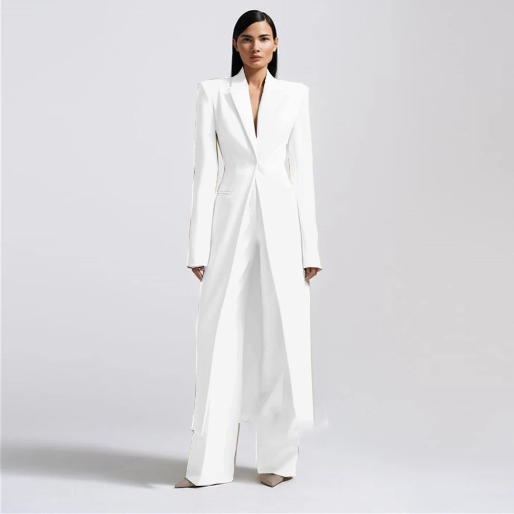 New Arrival Women Pants Sets Fashion Peak Lapel One Button Long Coat Office Lady Formal 2 Piece Solid Color Custom Suit Slim Fit