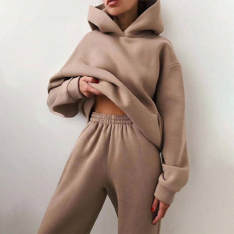 Women's Tracksuit, Autumn Fashion Warm Hoodie Sweatshirts Two Pieces Oversized Solid Casual Hoody Pullovers Long Pant Sets