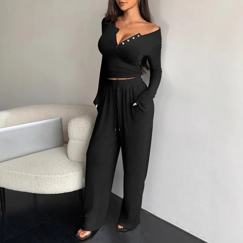 Trendy Solid Lounge Set Long-Sleeve Buttons Decor Top And Long Pants Cozy Fit Women's Homewear Casual Wear Can Be Worn Outdoor