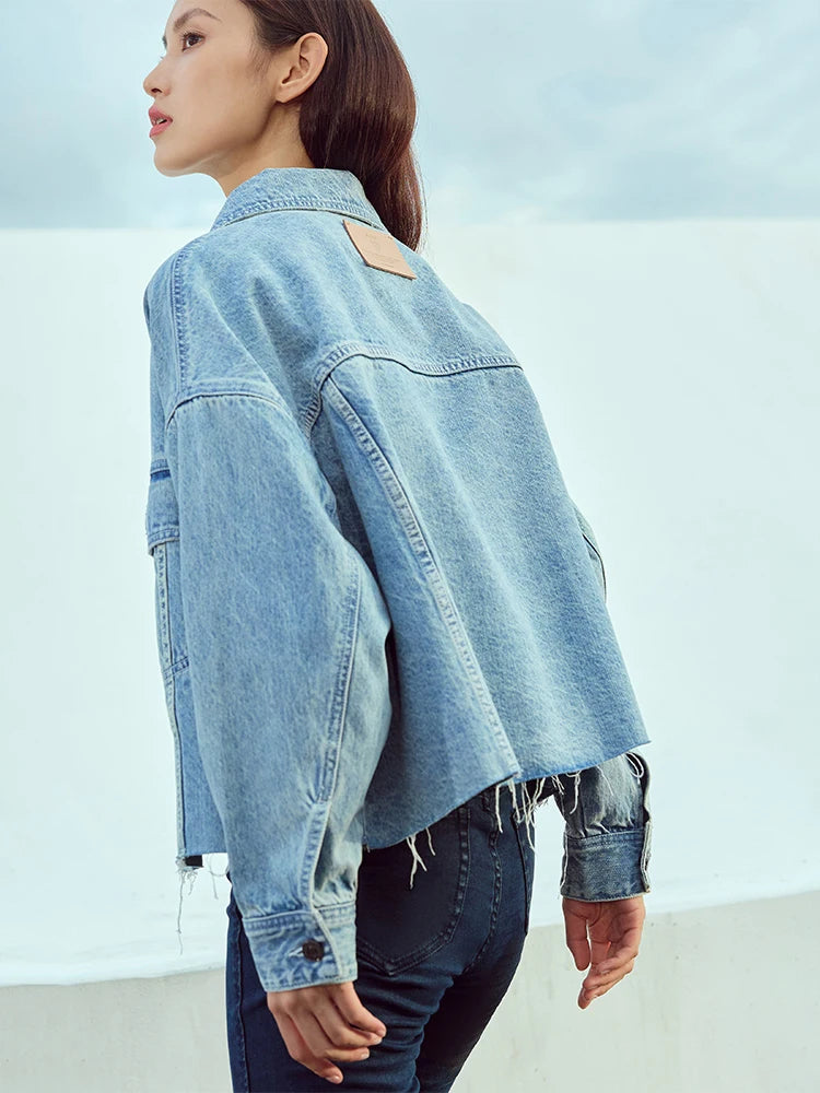 AMII Minimalism Streetwear Women Denim Coat 2023 Autumn Short Top New Loose Turn-down Collar Retro Female Clothing 12323079