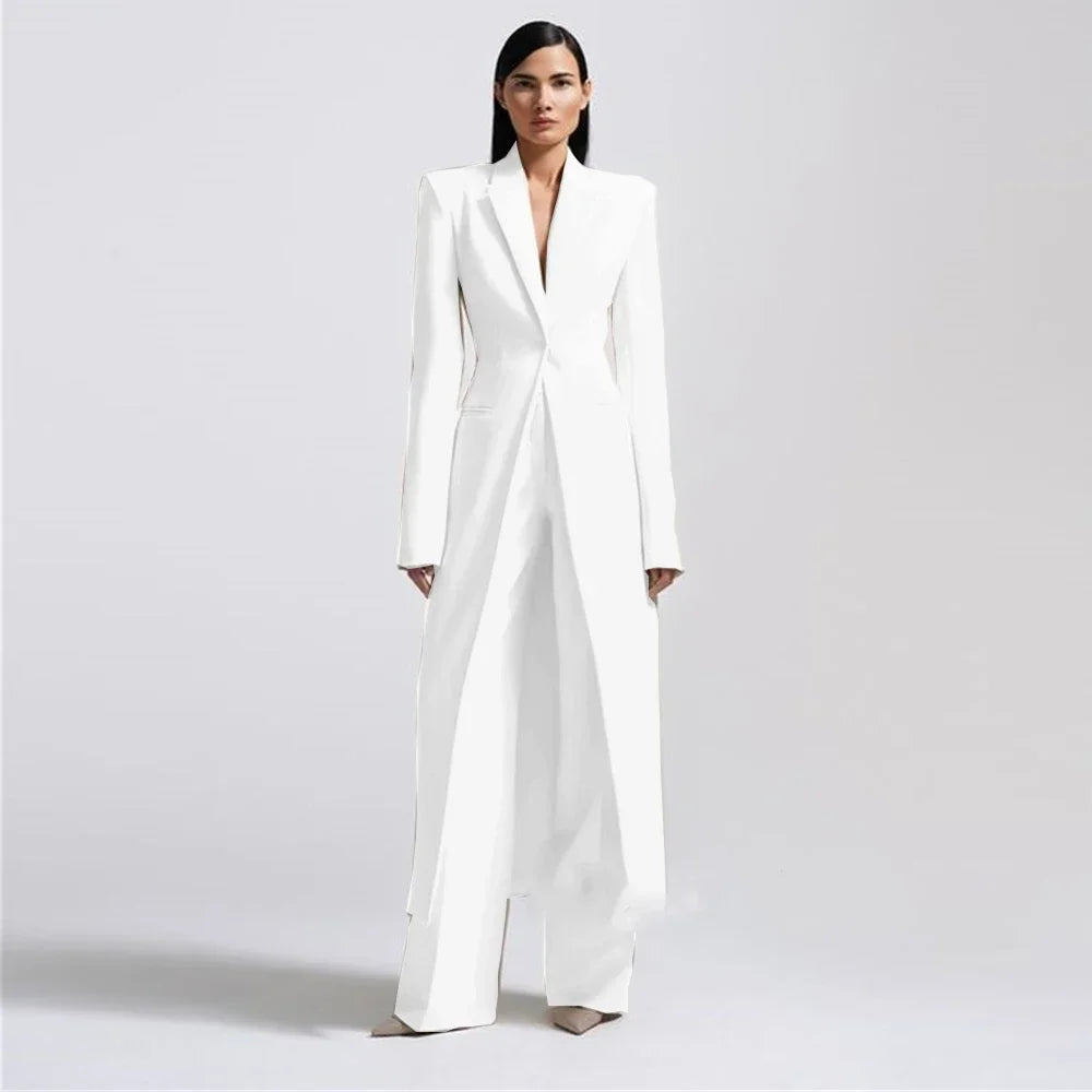 New Arrival Women Pants Sets Fashion Peak Lapel One Button Long Coat Office Lady Formal 2 Piece Solid Color Custom Suit Slim Fit