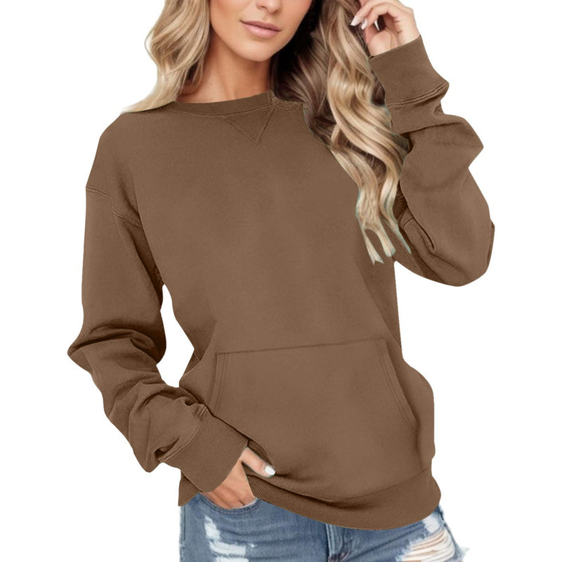 Round Neck Pullover Long Sleeve Pocket Solid Color Hoodie