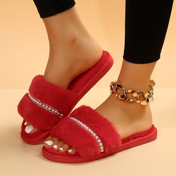 Fashion Solid Color Plush Slippers With Pearl Flat House Slippers Outdoor Indoor Shoes