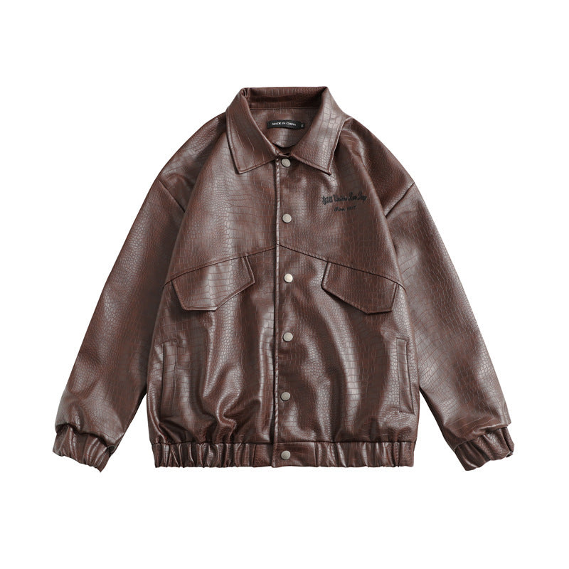 Ladies Leather Jacket Lapel Loose Retro Top