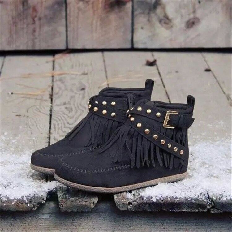 Retro Ankle Boots With Rivet Tassel Flat Shoes Women Winter Boots