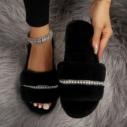 Fashion Solid Color Plush Slippers With Pearl Flat House Slippers Outdoor Indoor Shoes