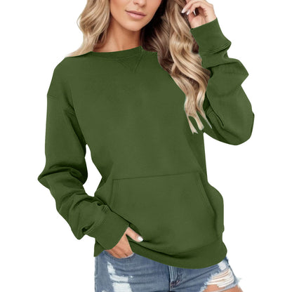 Round Neck Pullover Long Sleeve Pocket Solid Color Hoodie