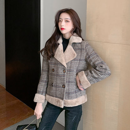 Autumn And Winter Tide All-match Thick Plaid Woolen Fur