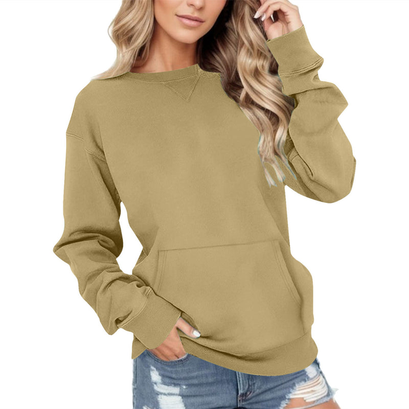 Round Neck Pullover Long Sleeve Pocket Solid Color Hoodie