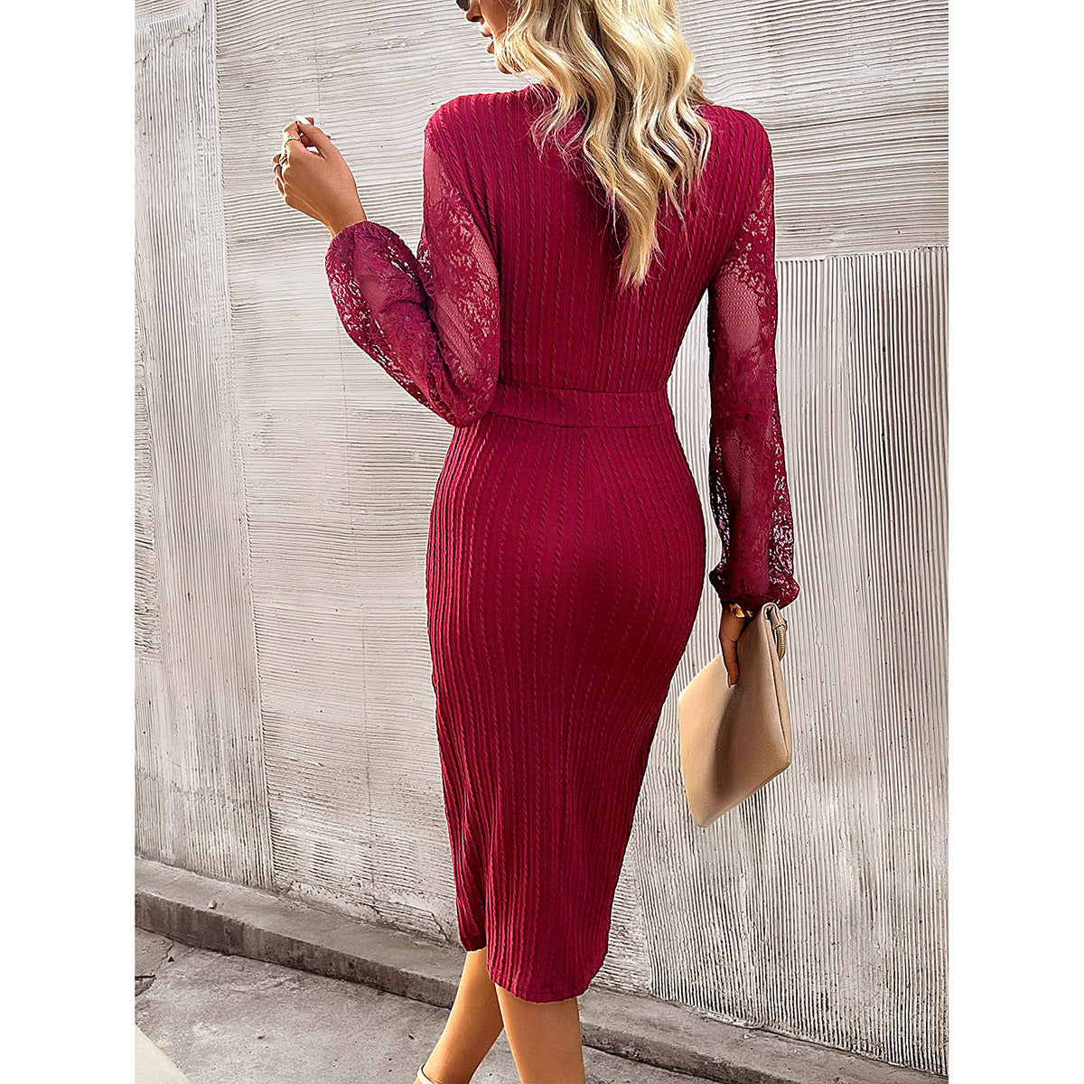 Women's Fashion V-neck Slit Lace And Knitted Long-sleeved Dress