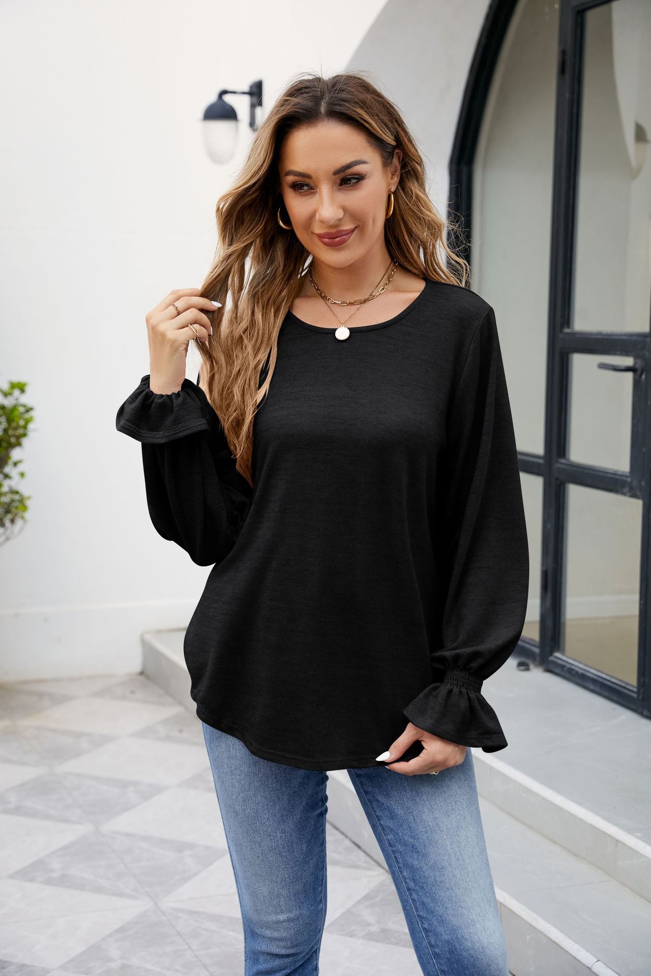 Ladies New Solid Color Round Neck Loose Long-sleeved T-shirt