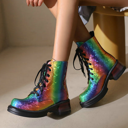 Bright Patent Leather Water Color Round Toe Thick Heel Martin Boots Punk Style Iridescence Lace Up Autumn Women's Ankle BootsWomen Short Boots Patent Leather Gradient Color Women Thick Bottom