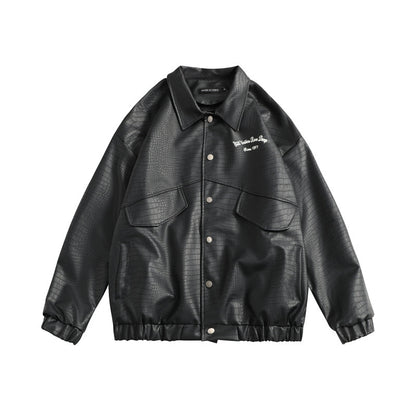 Ladies Leather Jacket Lapel Loose Retro Top