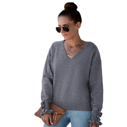 Women's Fashion Solid Color And V-neck Long Sleeve Sweater