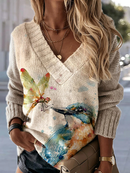Women's Fashion Casual Knitted Printed Loose V-neck Sweatshirt
