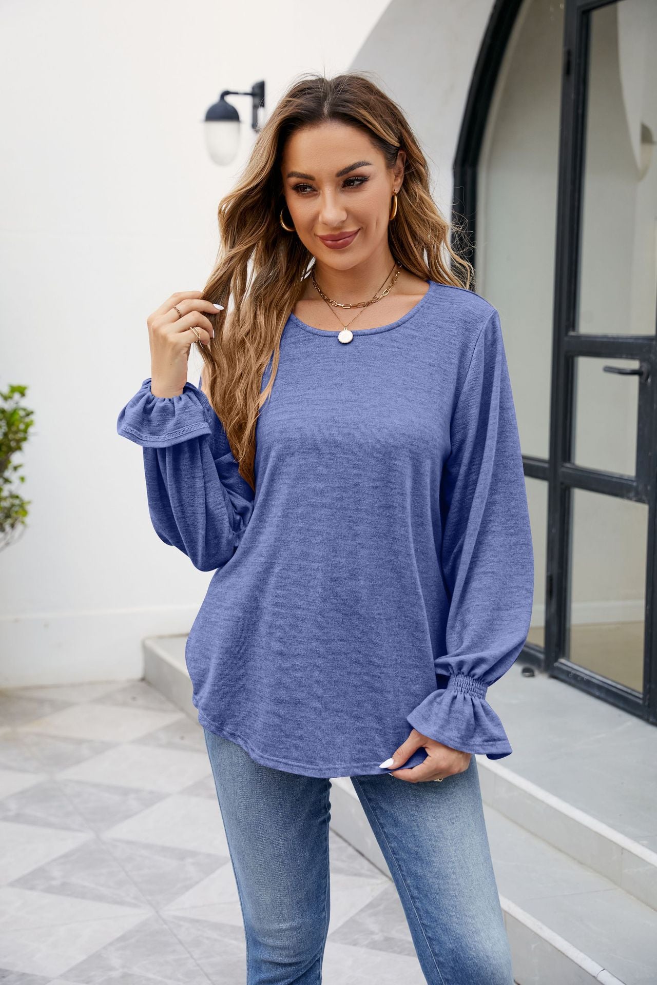 Ladies New Solid Color Round Neck Loose Long-sleeved T-shirt