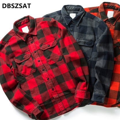 Cotton Heavyweight Retro Vintage Spring/Autumn/Winter. Long Sleeve Buffalo Plaid Flannel Shirt