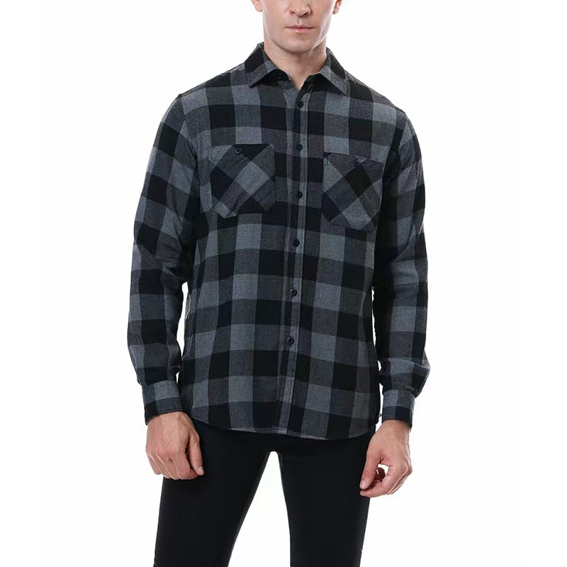 Cotton Heavyweight Retro Vintage Spring/Autumn/Winter. Long Sleeve Buffalo Plaid Flannel Shirt