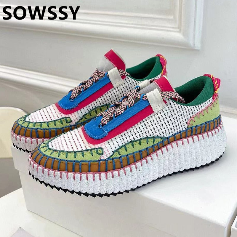 Mixed Color Round Toe Rainbow Flat Shoes, Thick Sole, Lace Up, Casual Shoes.