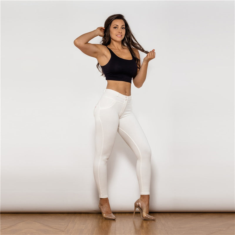 Melody Wear White Cotton Leggings Push Up Fitness Women Long Length Body Shaping Elastic Pants