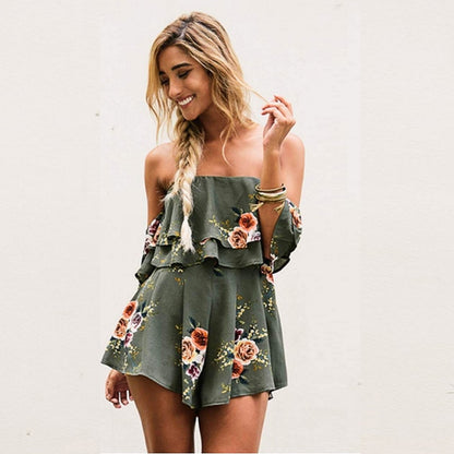 Danjeaner Off Shoulder Boho Style Floral Print Playsuit Women Sleeveless Rompers Elegant Sexy Beach Holiday Jumpsuits Overalls