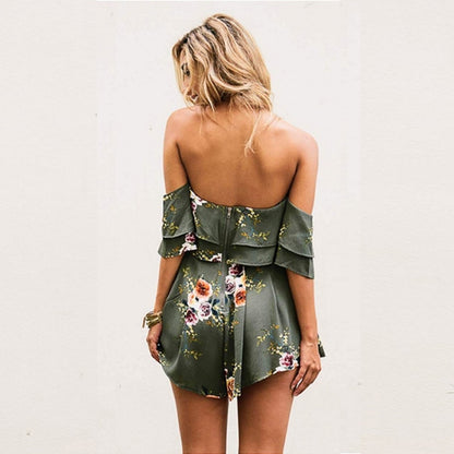 Danjeaner Off Shoulder Boho Style Floral Print Playsuit Women Sleeveless Rompers Elegant Sexy Beach Holiday Jumpsuits Overalls