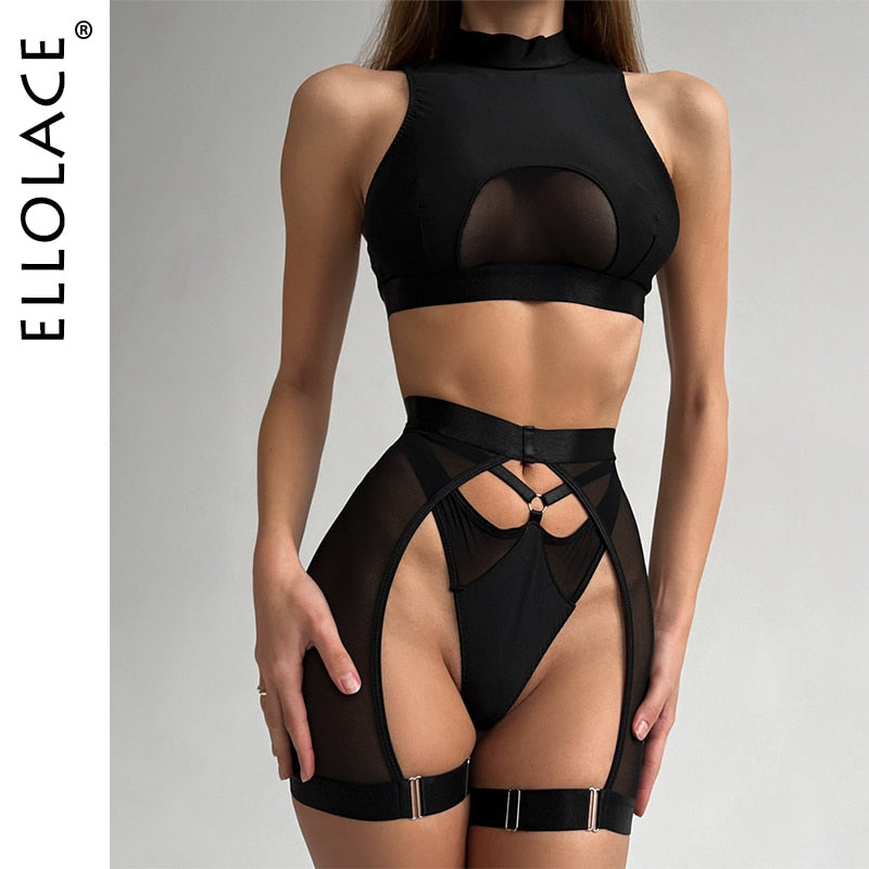 Ellolace Sexy Lingerie Set Woman 3 Pieces Vest Top Seamless Underwear Garter Belt Set Thong Black Intimate Exotic Sets