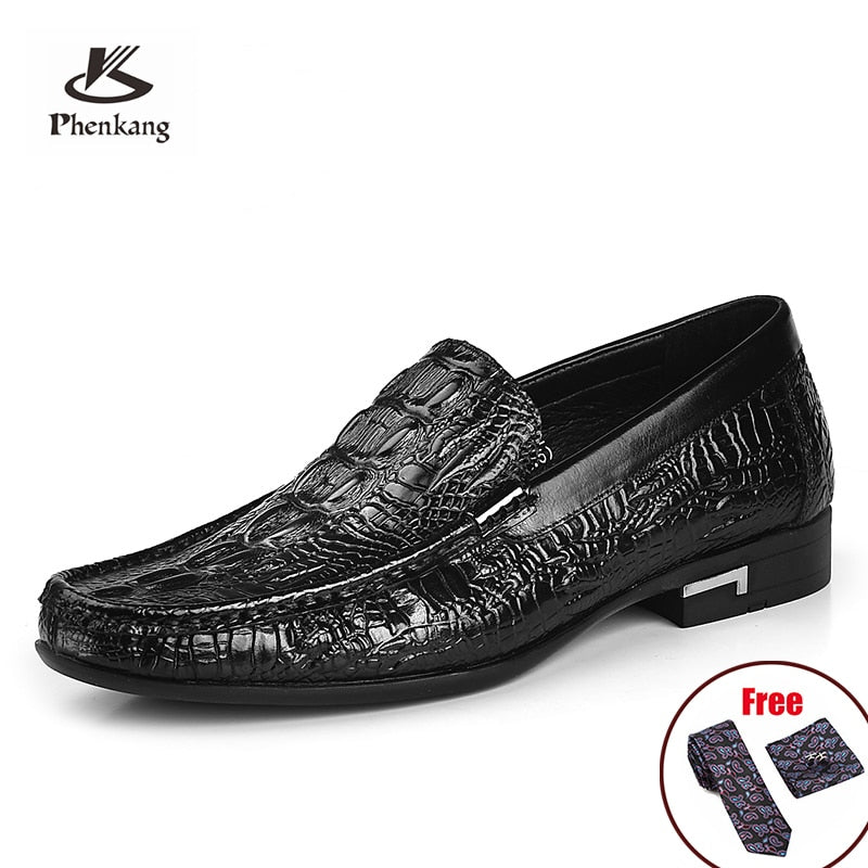 Phenkang Men Leather Alligator Texture Slip-On Casual Shoes Male Sneakers loafer Mens Coffee Men&