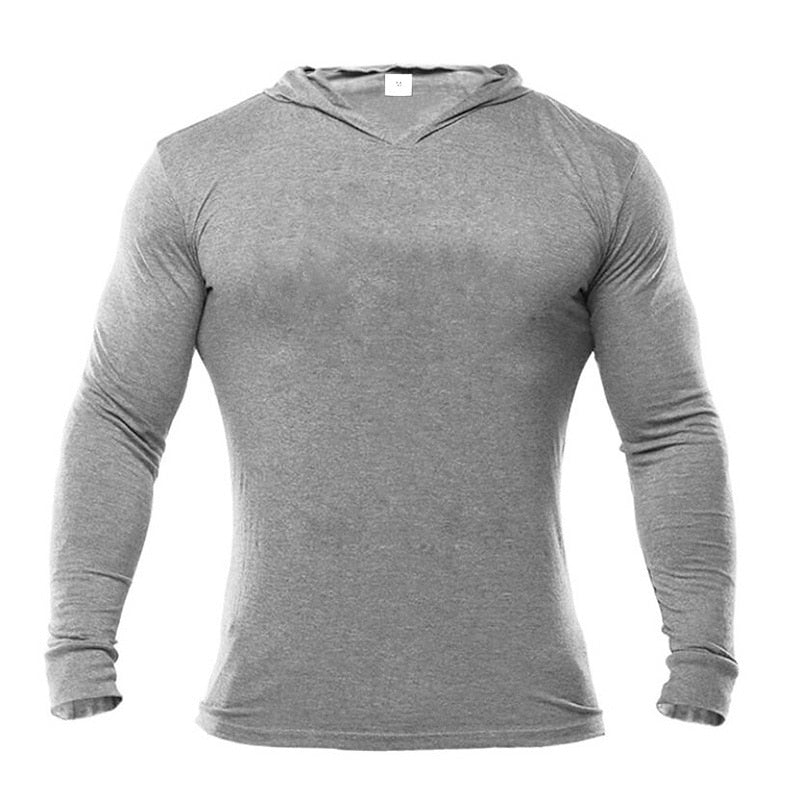 Mens Hooded T Shirt Spring Slim Fit O Neck T-shirt Men Sports Running Long Sleeve Shirt Gym Bodybuilding Tee Tops Fitness tshirt