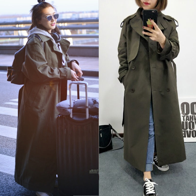 New Fashion 2020 Fall  Autumn Casual Double Breasted Turn Down Collar Classic Long Trench Coat With Belt Chic Female Windbreaker