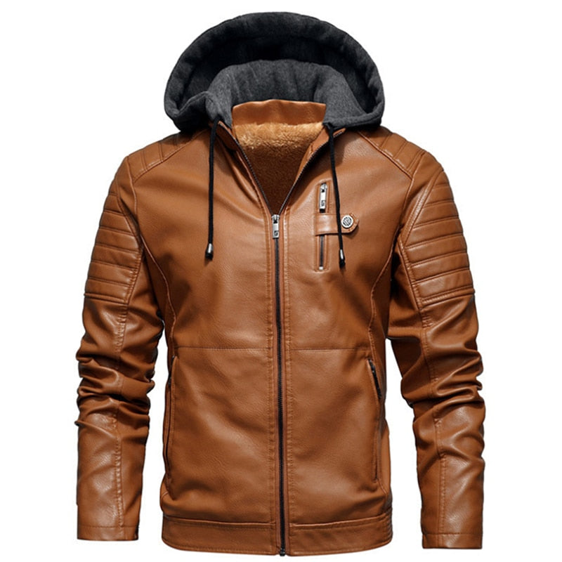 Men's Fleece Liner PU Leather Jackets/Coats With Hood.