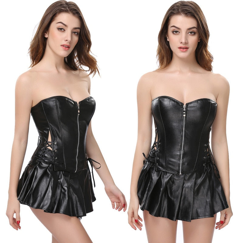 S-6XL Plus Size Lingerie Women Black Faux Leather Burlesque Steampunk Corset Dress Gothic PVC Corset Vest Bust 829