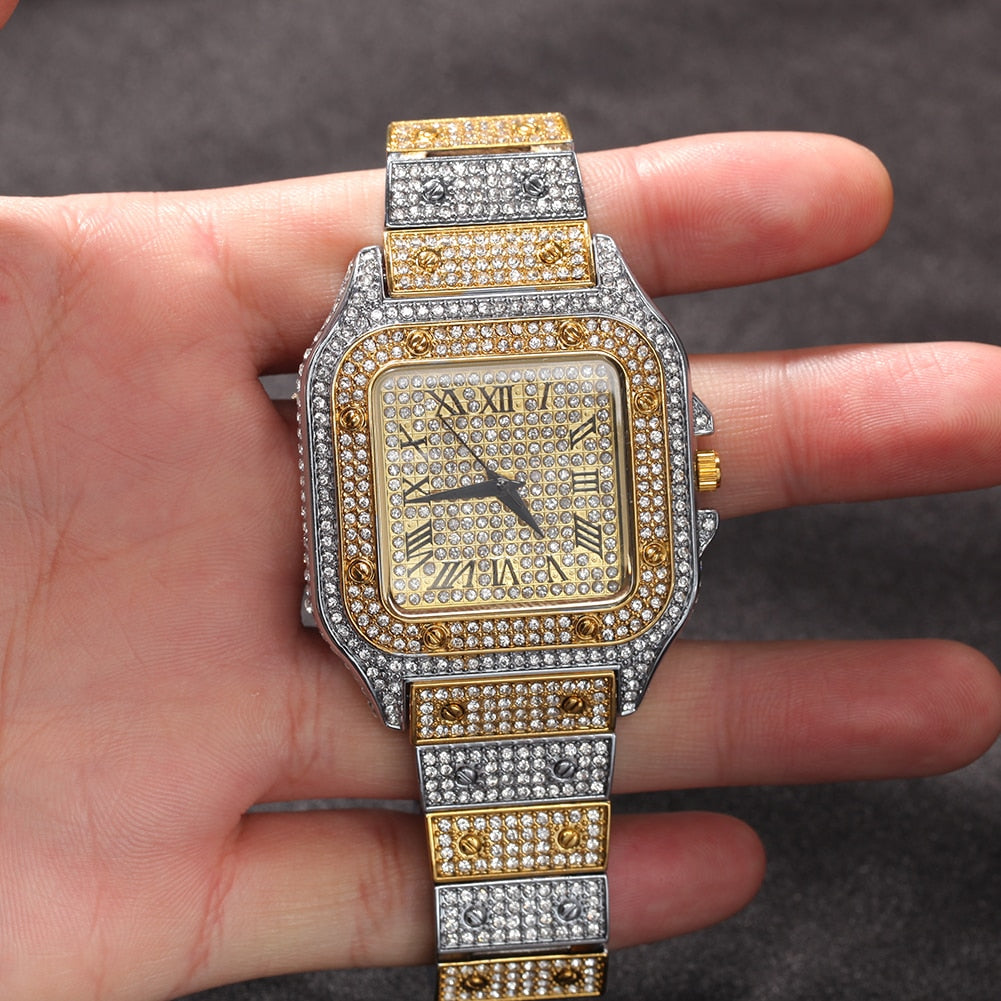 Hip Hop Full Iced Out Full Drill Men Square Watches Stainless Steel Fashion Luxury Rhinestones Quartz Square Business Watch