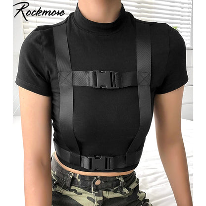 Rockmore Black Bodycon Gothic Double Buckle T-shirt Women Cotton Short Sleeve T Shirts Female Casual Streetwear Crop Tops Tees