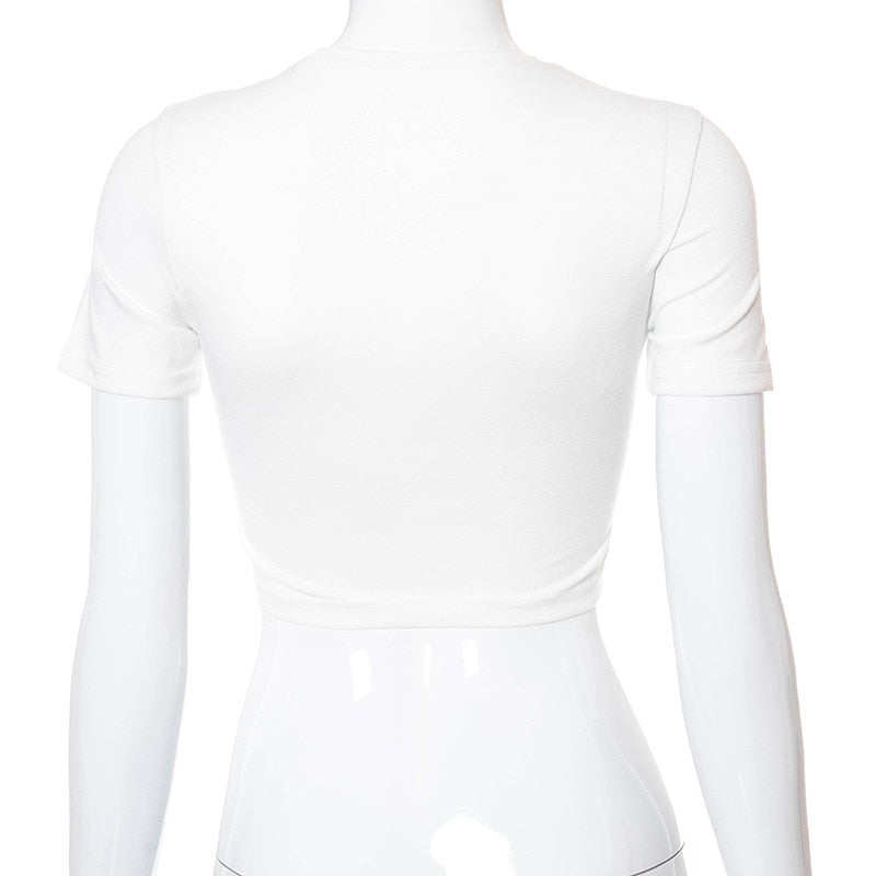Summer White Women Streetwear Basic Slim Tee Shirts Bodycon Crewneck Top Chain Print Short Sleeve Baddie Cropped Tops