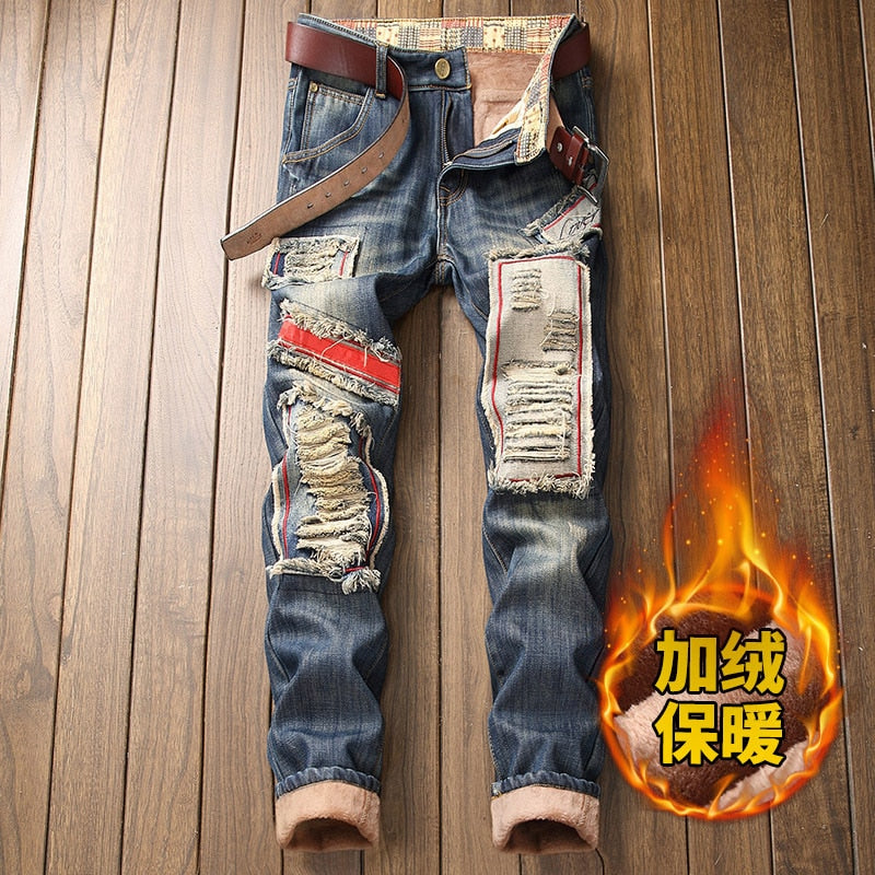 New Men's Winter Warm Fleece Denim Jeans