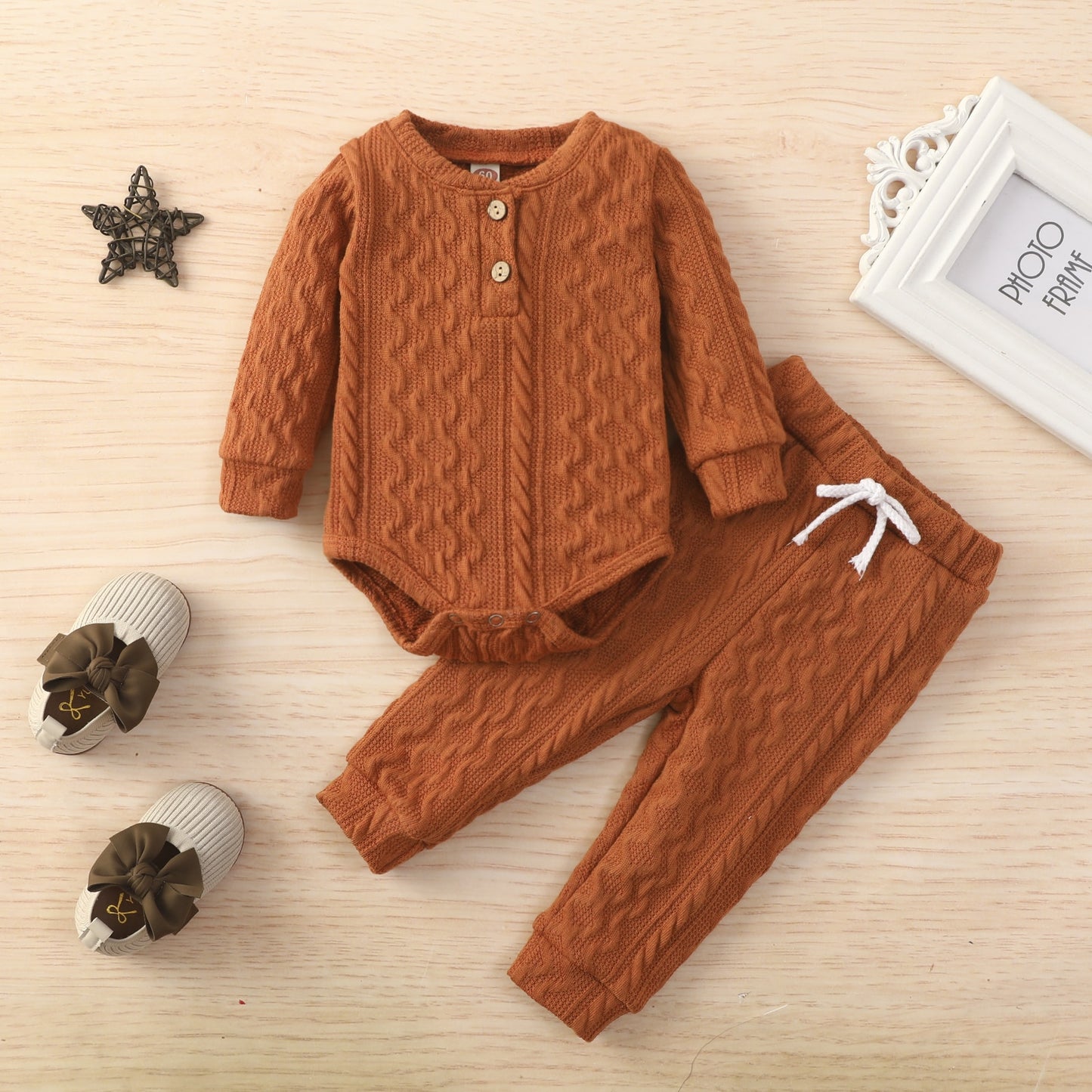Lioraitiin 0-24M Baby Girl Romper Tops Pants Suit Newborn Infant Long Sleeve Round Neck Button Sweater Knitting Trousers