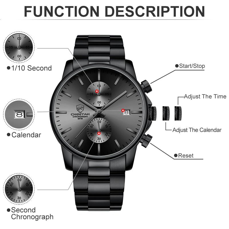 New CHEETAH Men Watch Luxury Brand Business Black Quartz Watches Mens Waterproof Chronograph Sport Wristwatch Date Male Clock