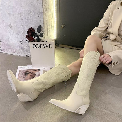 Embroider Ladies High Heel Leather Knee-High Cowboy Boots