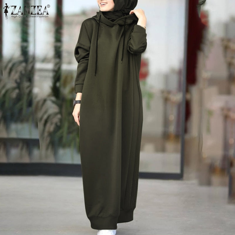 Women's Hooded Pullovers ZANZEA 2023 Fashion Winter Hoodies Casual Long Sleeve Maxi Vestidos Female Drawstring Robe