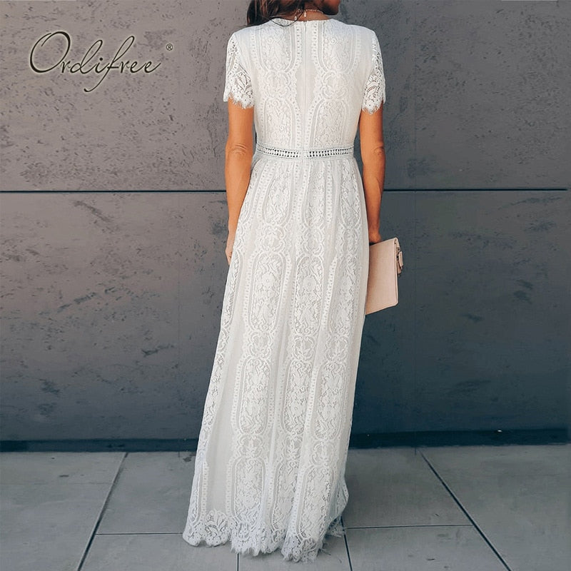 Ordifree 2022 Summer Vintage Women Maxi Party Dress Short Sleeve White Lace Long Tunic Beach Dress Vocation Holiday Clothes