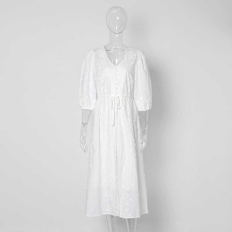 Jastie 2022 Autumn French White Maxi Dress Applique Embroidery Puff Sleeve V-Neck Dresses for Women Elegant Long Dress