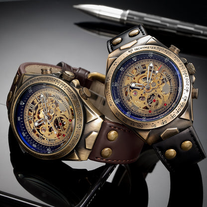 Retro Style Men Automatic Mechanical Watch Skeleton Steampunk Genuine Leather Band Mens Self Winding Wrist Watches Men Reloj